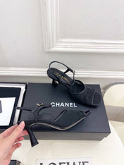 CHANEL 26S HIGH HEEL SLINGBACK SANDALS 70 MM IN BLACK MESH