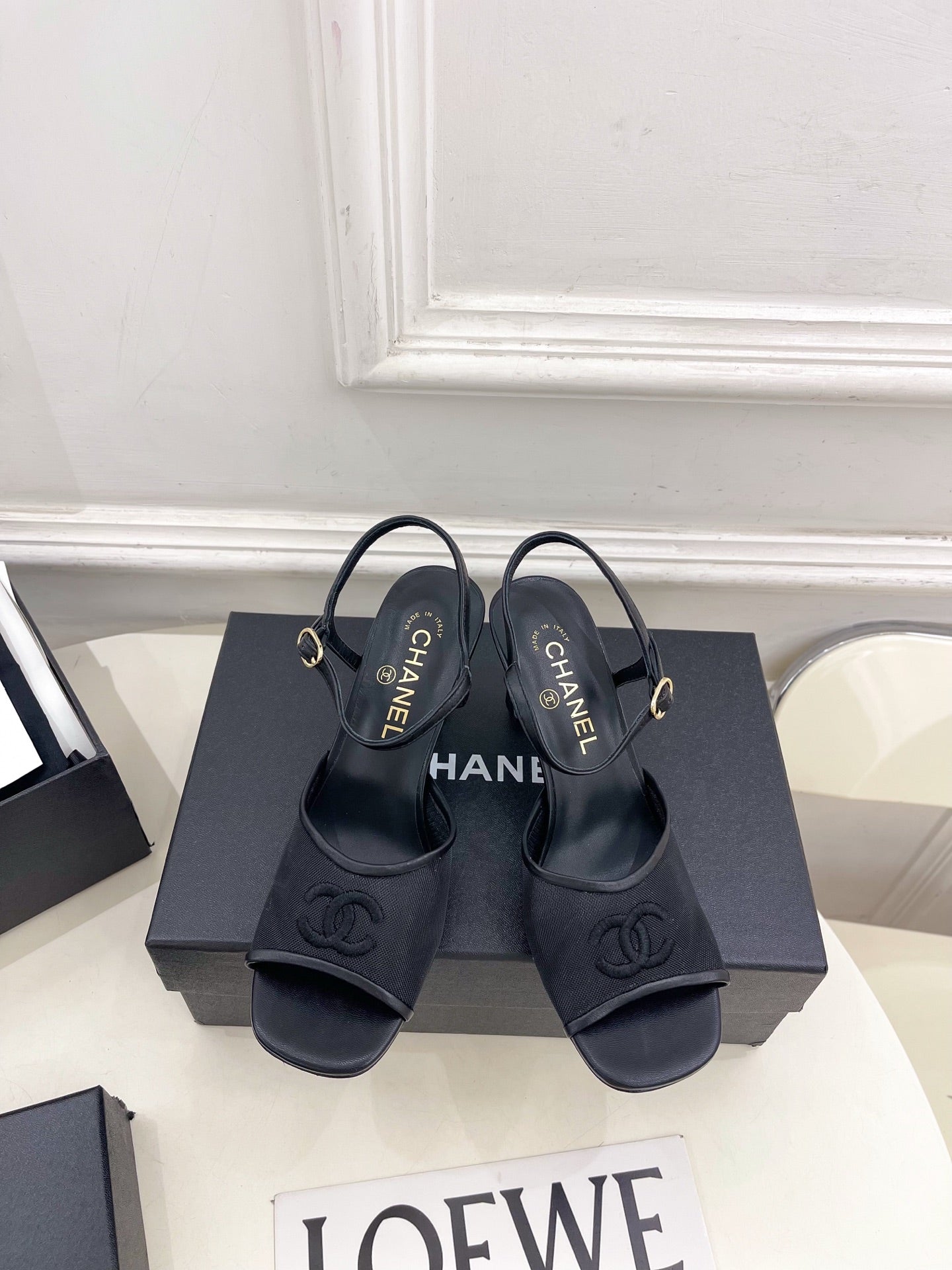 CHANEL 26S HIGH HEEL SLINGBACK SANDALS 70 MM IN BLACK MESH