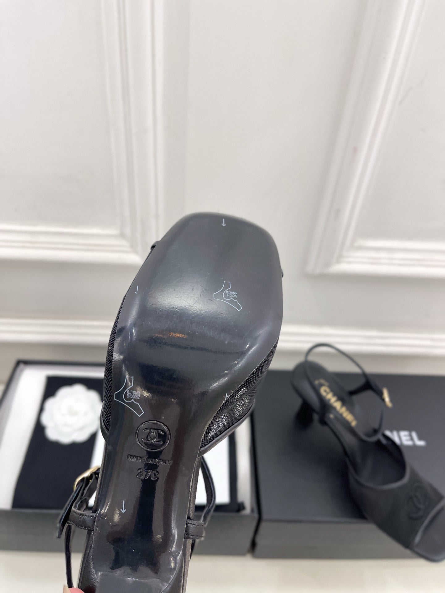 CHANEL 26S HIGH HEEL SLINGBACK SANDALS 70 MM IN BLACK MESH