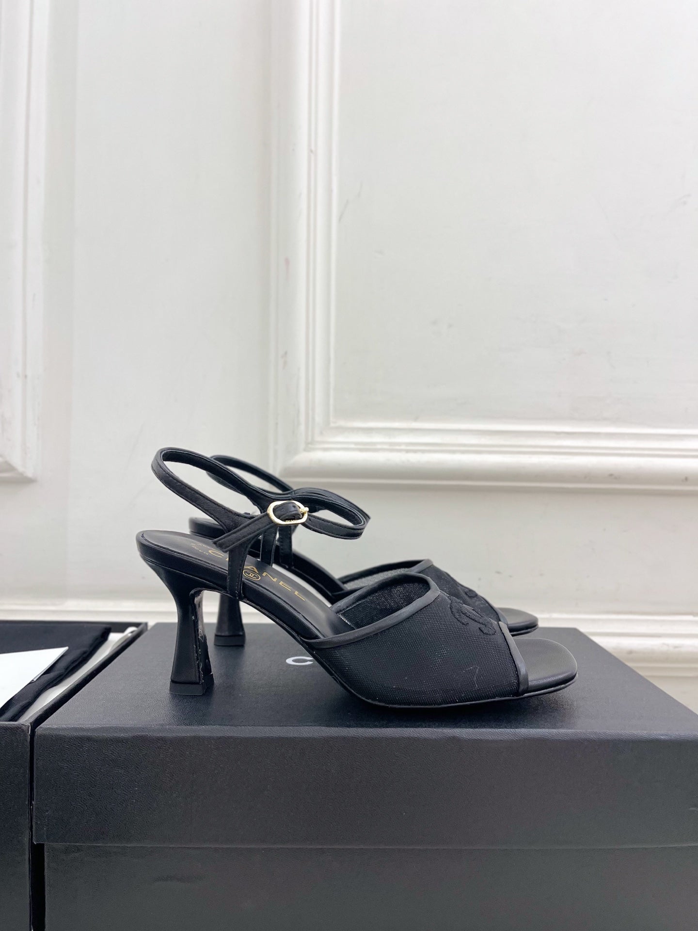CHANEL 26S HIGH HEEL SLINGBACK SANDALS 70 MM IN BLACK MESH