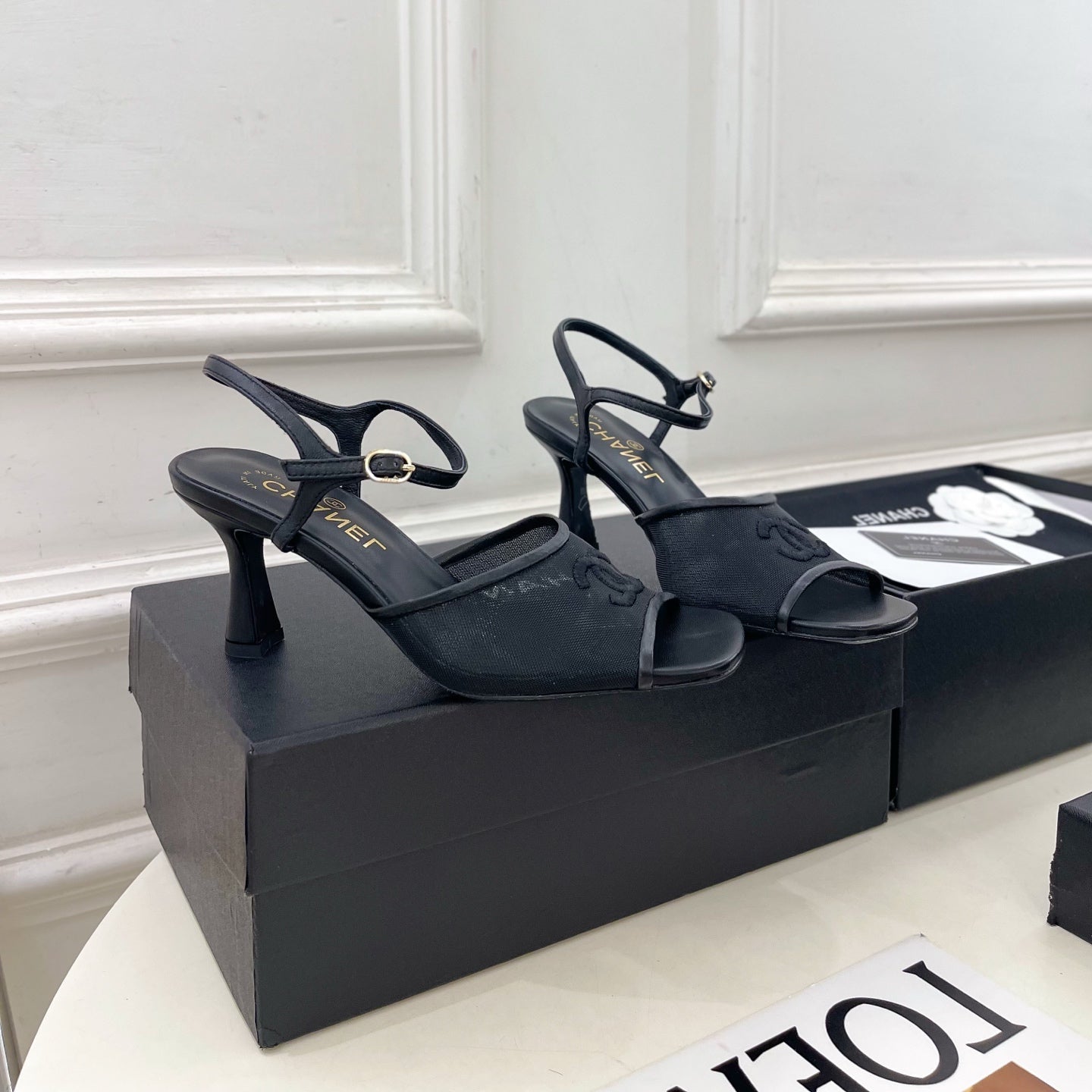CHANEL 26S HIGH HEEL SLINGBACK SANDALS 70 MM IN BLACK MESH
