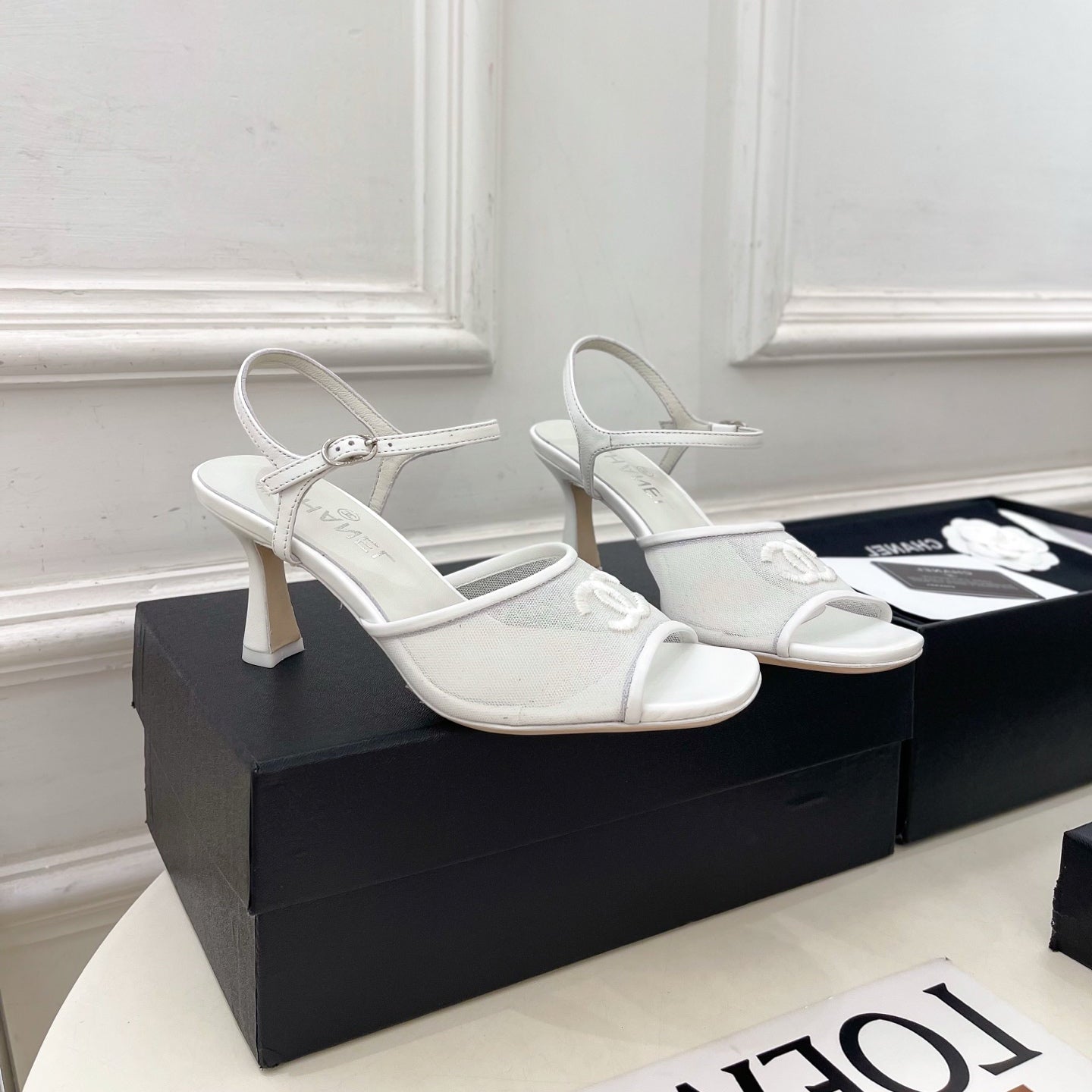CHANEL 26S HIGH HEEL SLINGBACK SANDALS 70 MM IN WHITE MESH