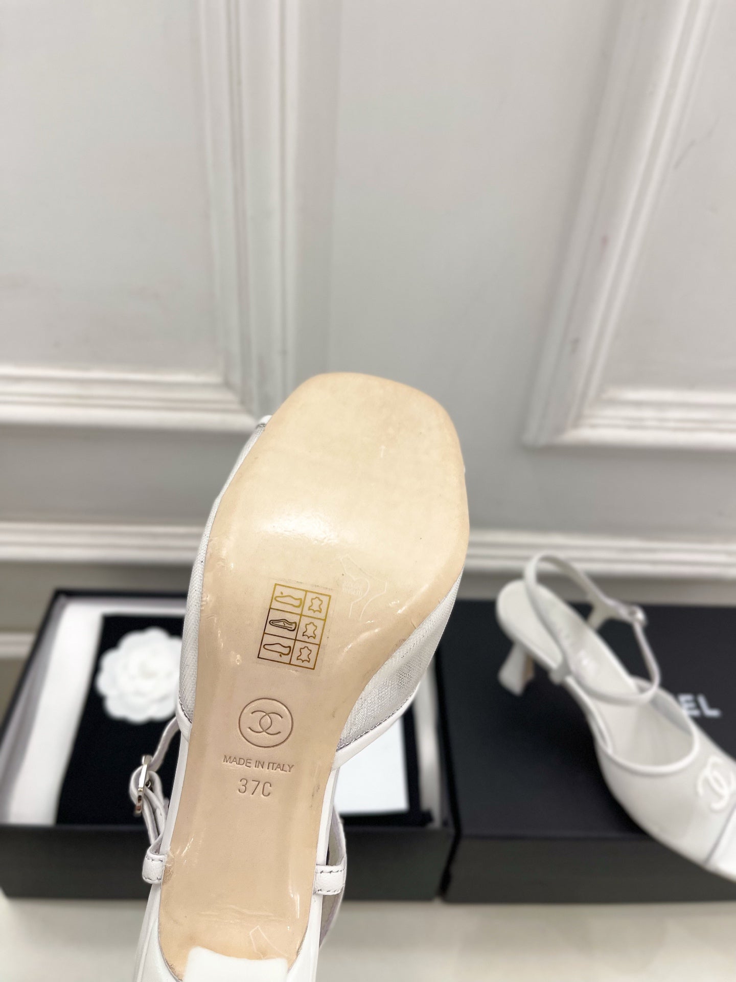 CHANEL 26S HIGH HEEL SLINGBACK SANDALS 70 MM IN WHITE MESH