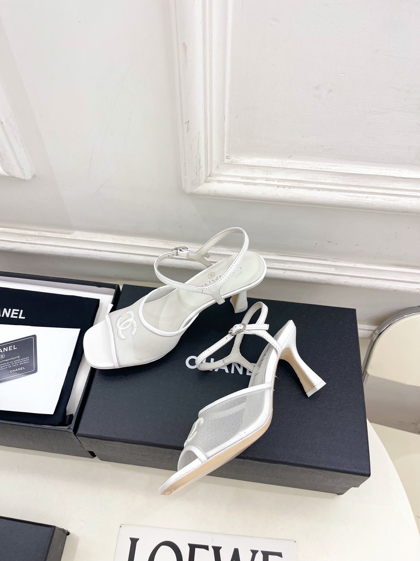 CHANEL 26S HIGH HEEL SLINGBACK SANDALS 70 MM IN WHITE MESH