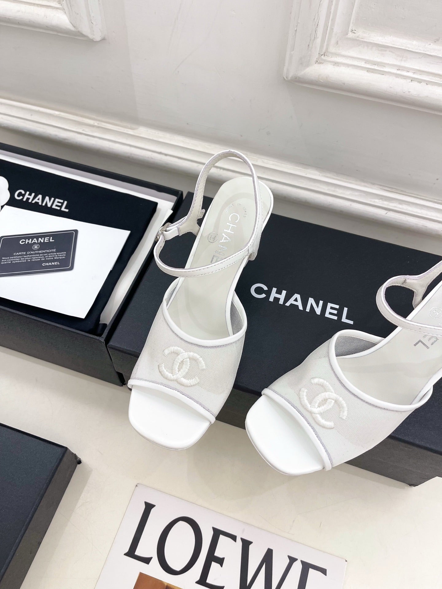 CHANEL 26S HIGH HEEL SLINGBACK SANDALS 70 MM IN WHITE MESH