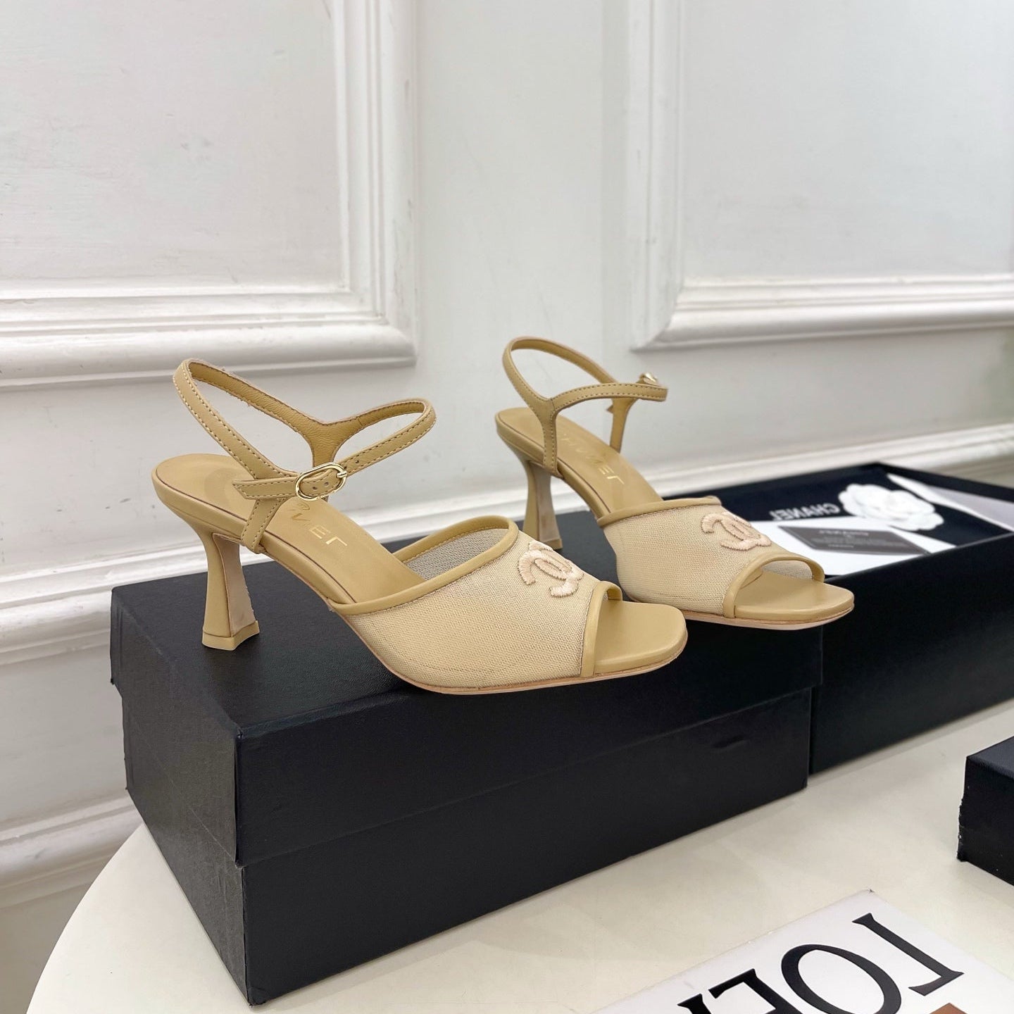 CHANEL 26S HIGH HEEL SLINGBACK SANDALS 70 MM IN BEIGE MESH