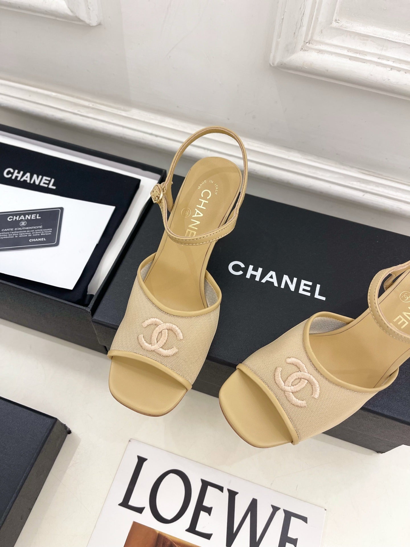 CHANEL 26S HIGH HEEL SLINGBACK SANDALS 70 MM IN BEIGE MESH