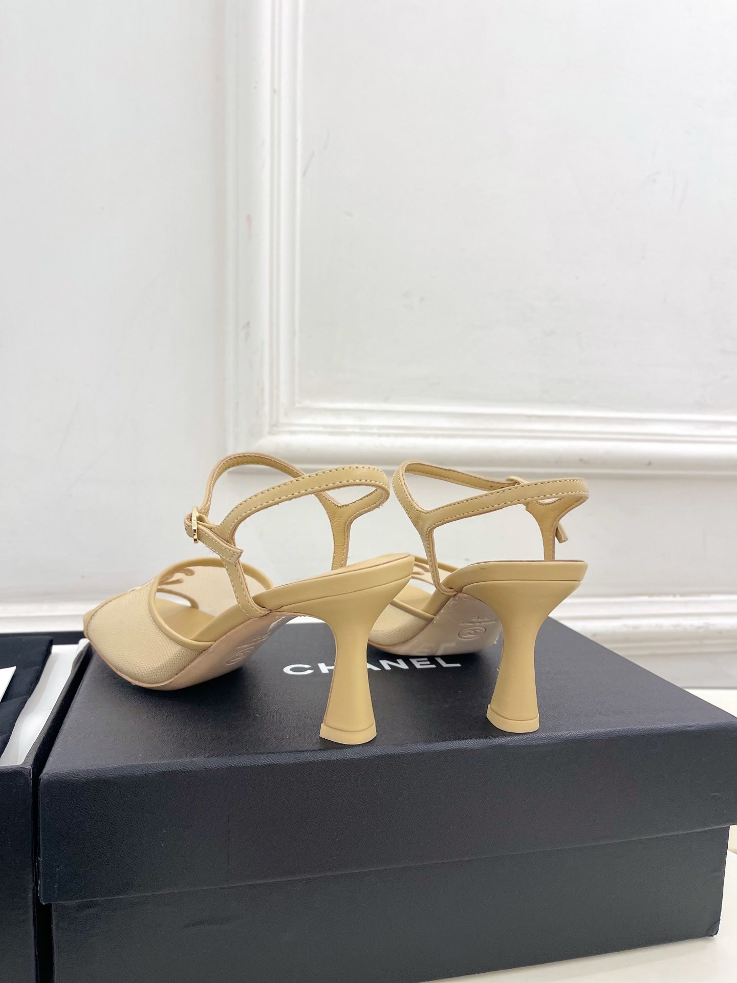CHANEL 26S HIGH HEEL SLINGBACK SANDALS 70 MM IN BEIGE MESH