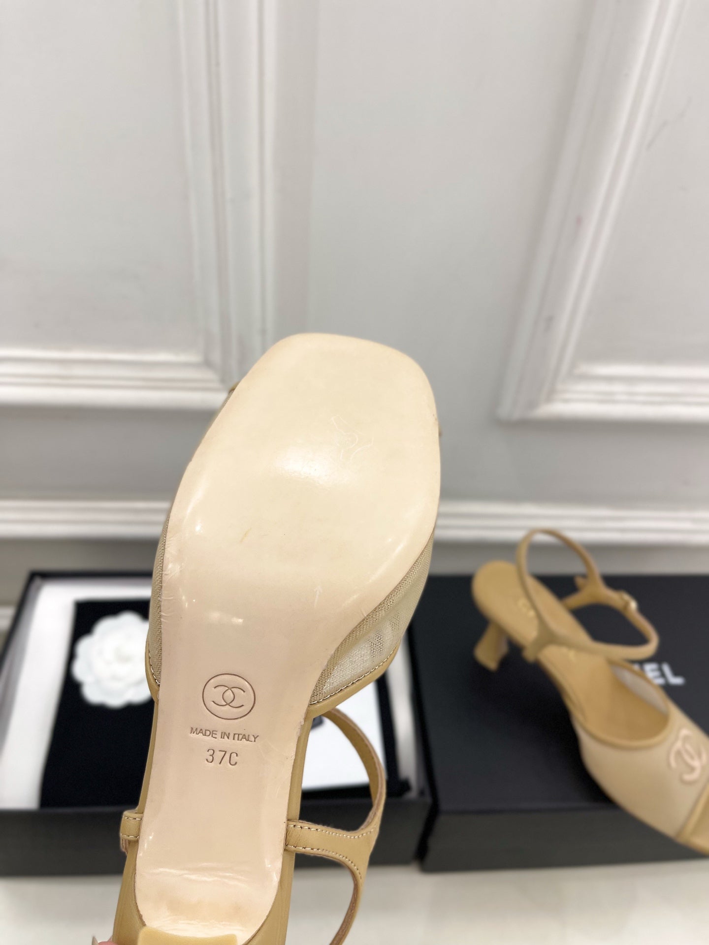 CHANEL 26S HIGH HEEL SLINGBACK SANDALS 70 MM IN BEIGE MESH