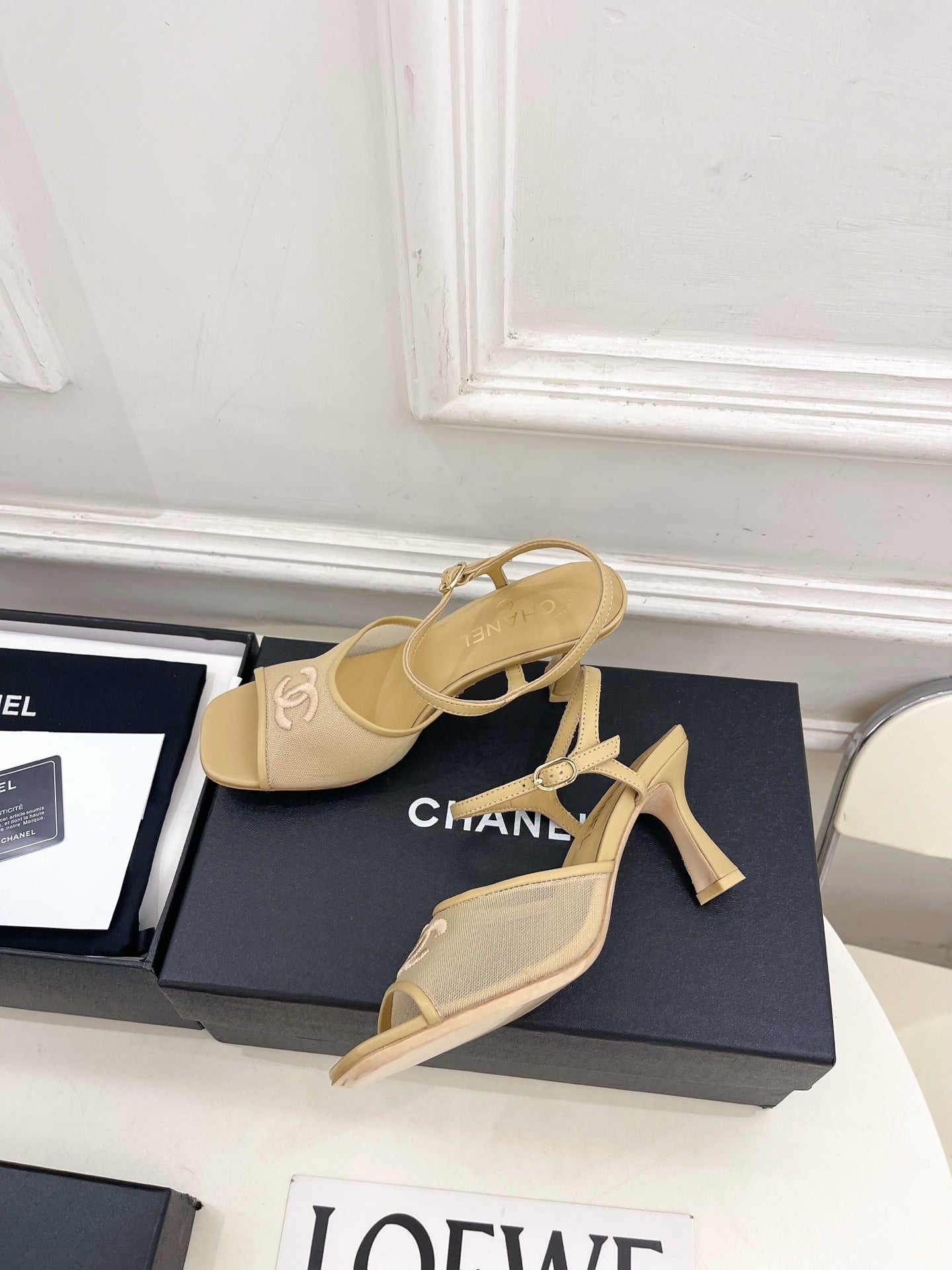 CHANEL 26S HIGH HEEL SLINGBACK SANDALS 70 MM IN BEIGE MESH