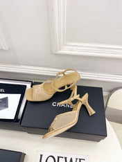 CHANEL 26S HIGH HEEL SLINGBACK SANDALS 70 MM IN BEIGE MESH