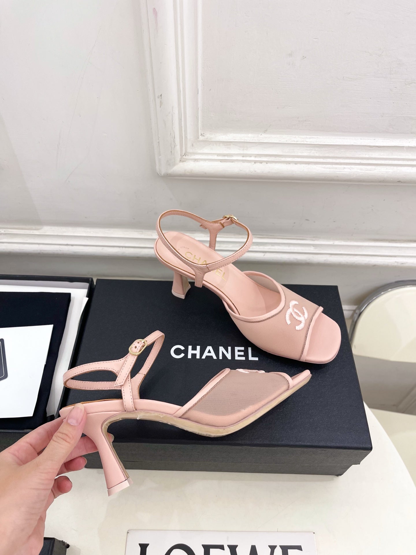 CHANEL 26S HIGH HEEL SLINGBACK SANDALS 70 MM IN LIGHT PINK MESH
