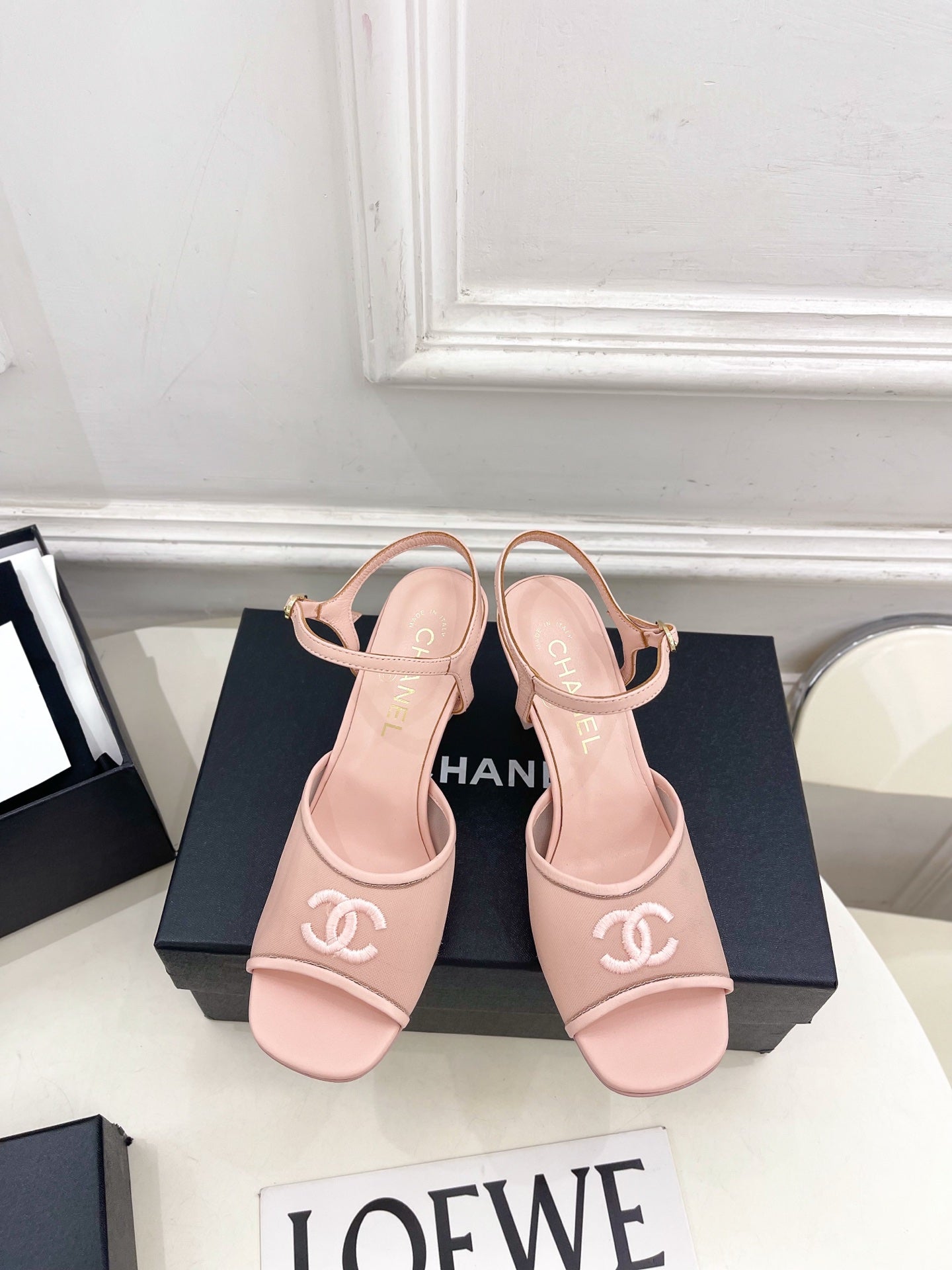 CHANEL 26S HIGH HEEL SLINGBACK SANDALS 70 MM IN LIGHT PINK MESH