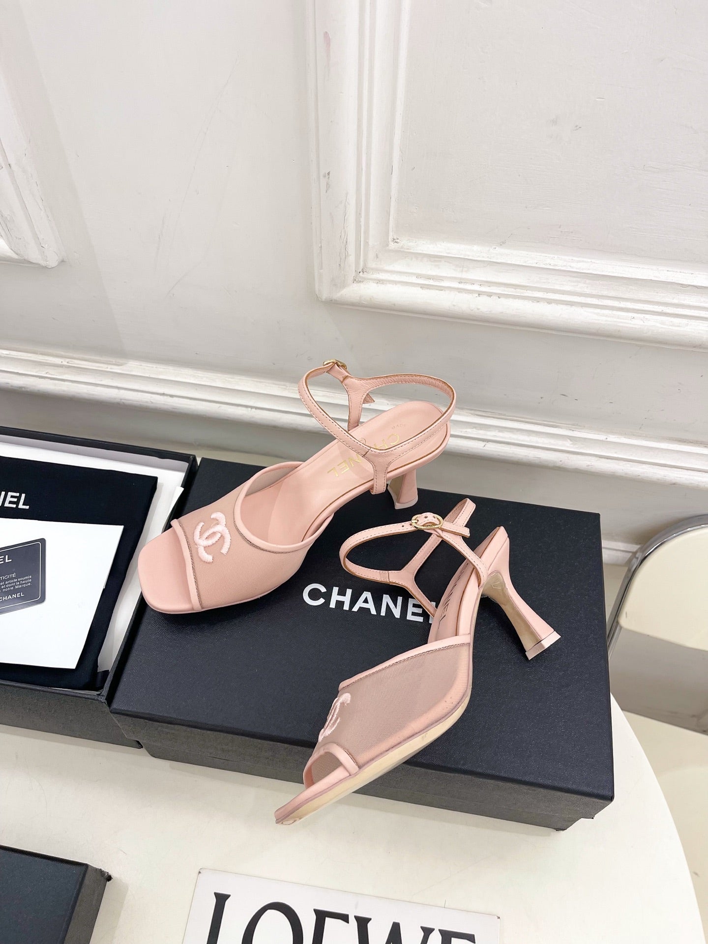 CHANEL 26S HIGH HEEL SLINGBACK SANDALS 70 MM IN LIGHT PINK MESH