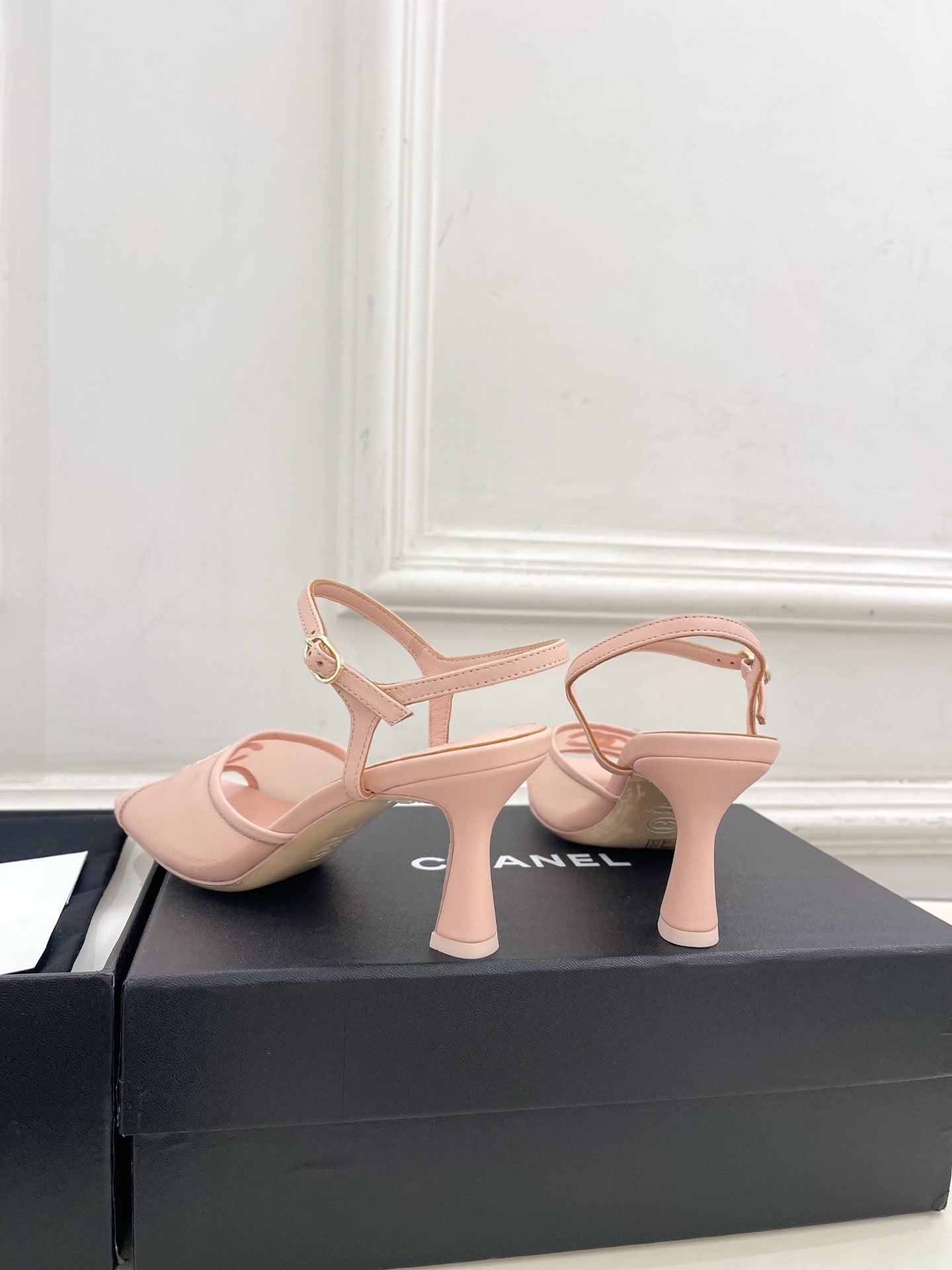 CHANEL 26S HIGH HEEL SLINGBACK SANDALS 70 MM IN LIGHT PINK MESH