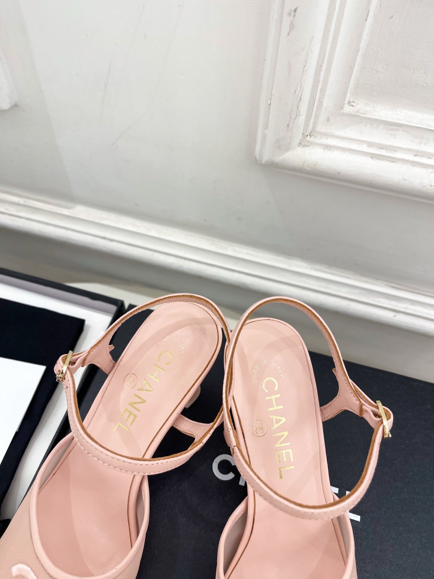 CHANEL 26S HIGH HEEL SLINGBACK SANDALS 70 MM IN LIGHT PINK MESH