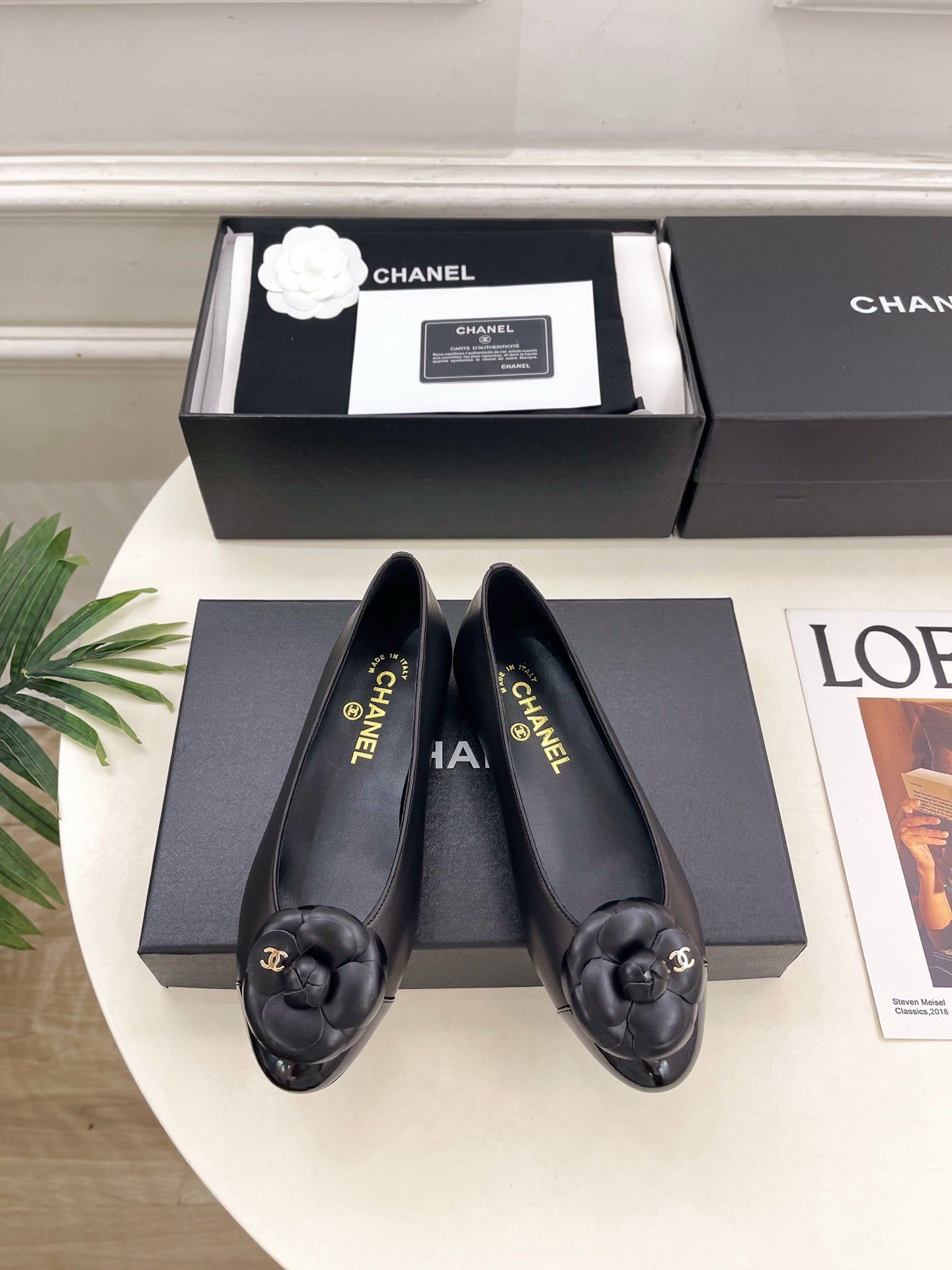CHANEL 26S BALLET FLATS IN BLACK LAMBSKIN WITH FLOWER EMBELLISHMENT