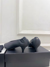 CHANEL 26S SQUARE TOE PUMPS 50 MM IN BLACK LAMBSKIN WITH WHITE TOE CAP