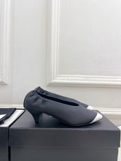 CHANEL 26S SQUARE TOE PUMPS 50 MM IN BLACK LAMBSKIN WITH WHITE TOE CAP