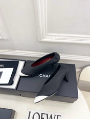 CHANEL 26S SQUARE TOE PUMPS 50 MM IN BLACK LAMBSKIN WITH WHITE TOE CAP