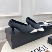 CHANEL 26S SQUARE TOE PUMPS 50 MM IN BLACK LAMBSKIN WITH WHITE TOE CAP