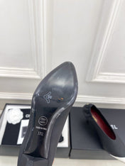 CHANEL 26S SQUARE TOE PUMPS 50 MM IN BLACK LAMBSKIN WITH WHITE TOE CAP