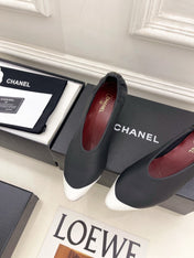 CHANEL 26S SQUARE TOE PUMPS 50 MM IN BLACK LAMBSKIN WITH WHITE TOE CAP