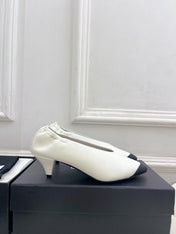 CHANEL 26S SQUARE TOE PUMPS 50 MM IN WHITE LAMBSKIN WITH BLACK TOE CAP