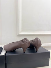 CHANEL 26S SQUARE TOE PUMPS 50 MM IN DARK BROWN LAMBSKIN WITH BLACK TOE CAP