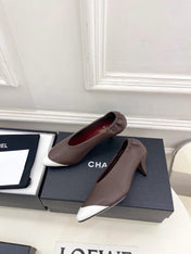 CHANEL 26S SQUARE TOE PUMPS 50 MM IN DARK BROWN LAMBSKIN WITH BLACK TOE CAP
