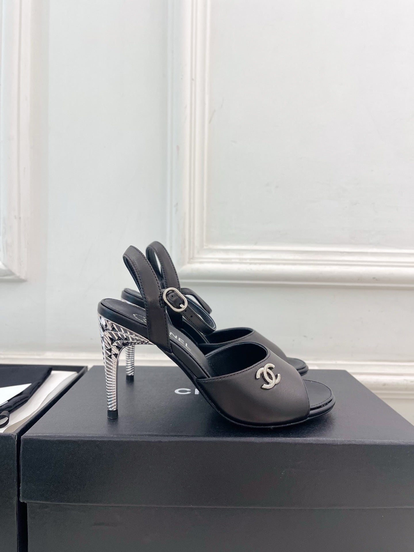 CHANEL 26S HIGH HEEL SLINGBACK SANDALS 90 MM IN BLACK LAMBSKIN