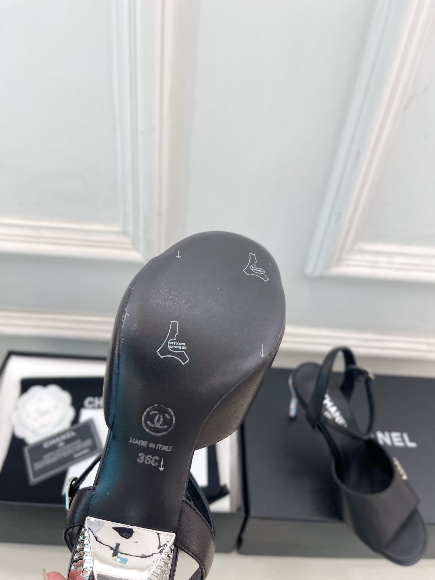 CHANEL 26S HIGH HEEL SLINGBACK SANDALS 90 MM IN BLACK LAMBSKIN