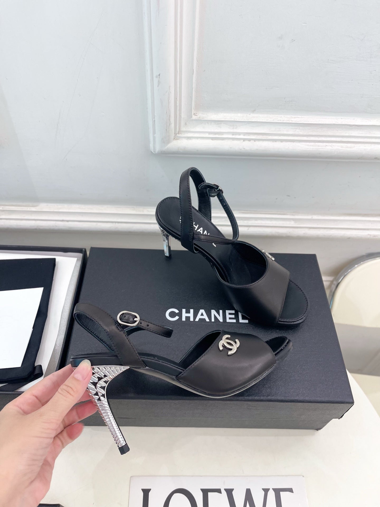CHANEL 26S HIGH HEEL SLINGBACK SANDALS 90 MM IN BLACK LAMBSKIN