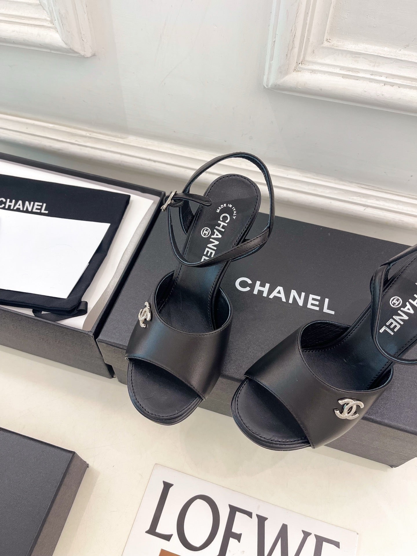 CHANEL 26S HIGH HEEL SLINGBACK SANDALS 90 MM IN BLACK LAMBSKIN