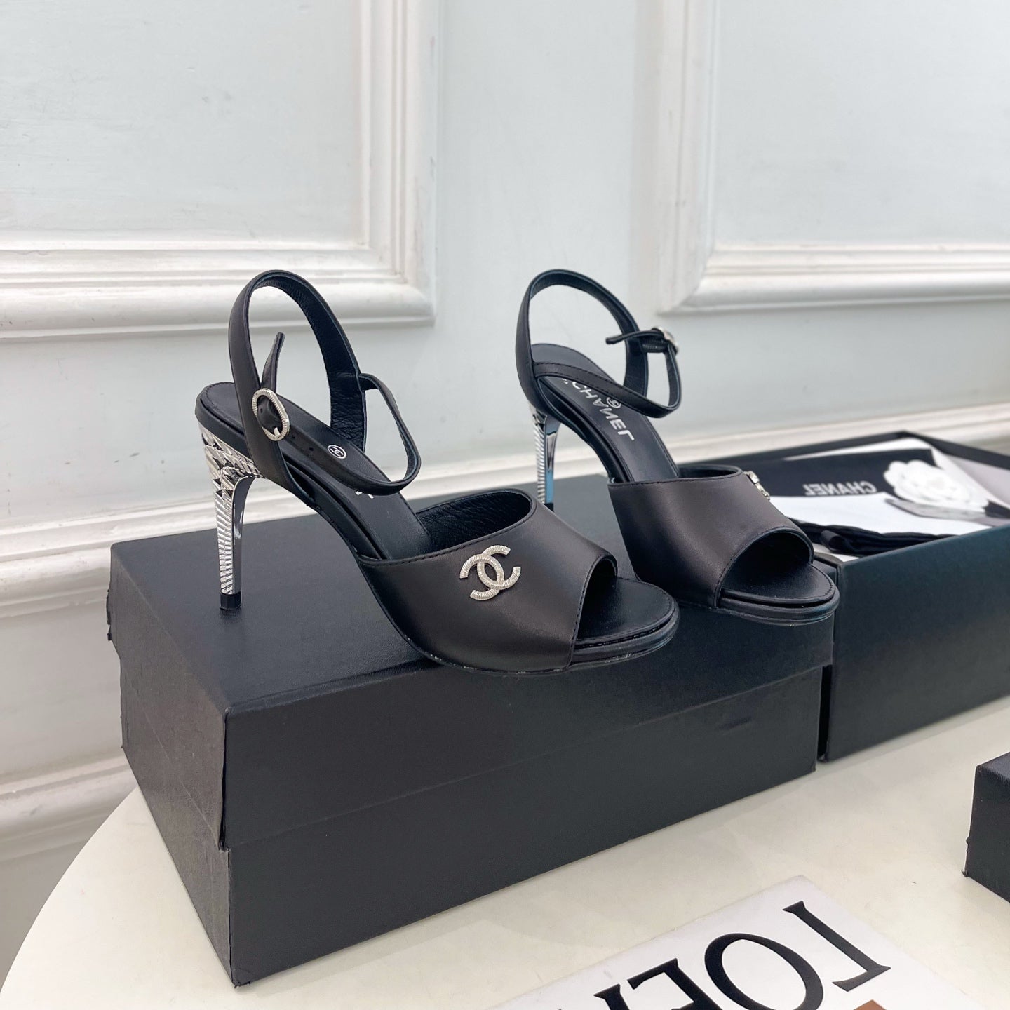 CHANEL 26S HIGH HEEL SLINGBACK SANDALS 90 MM IN BLACK LAMBSKIN