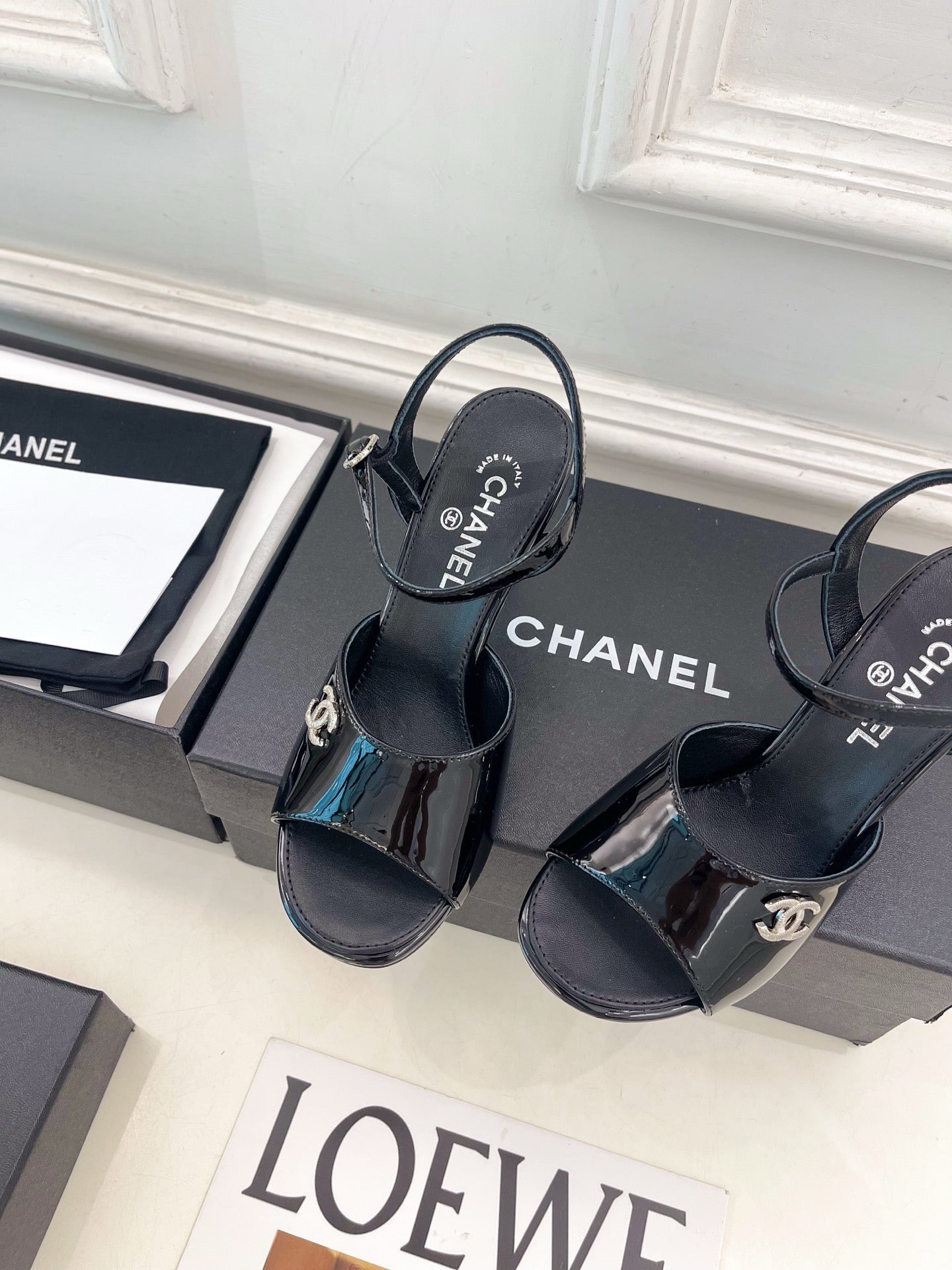 CHANEL 26S HIGH HEEL SLINGBACK SANDALS 90 MM IN BLACK PATENT