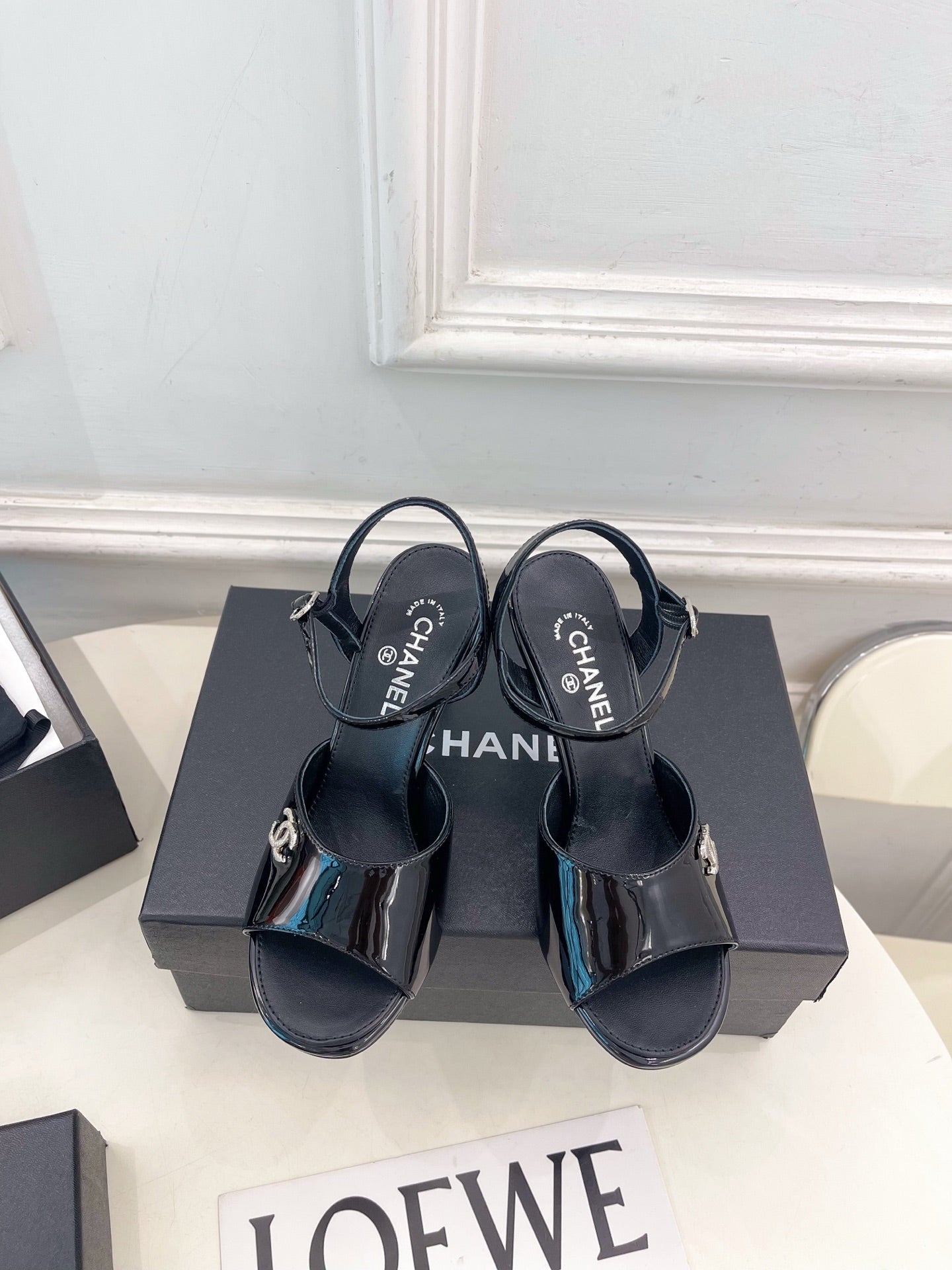 CHANEL 26S HIGH HEEL SLINGBACK SANDALS 90 MM IN BLACK PATENT