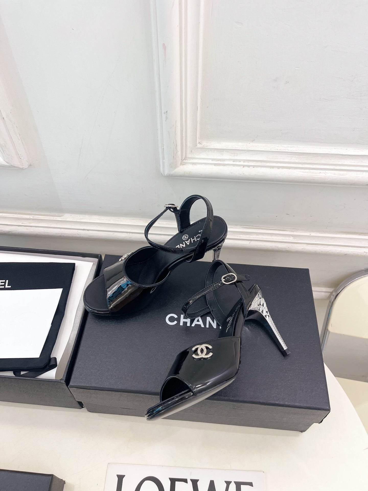 CHANEL 26S HIGH HEEL SLINGBACK SANDALS 90 MM IN BLACK PATENT