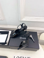 CHANEL 26S HIGH HEEL SLINGBACK SANDALS 90 MM IN BLACK PATENT
