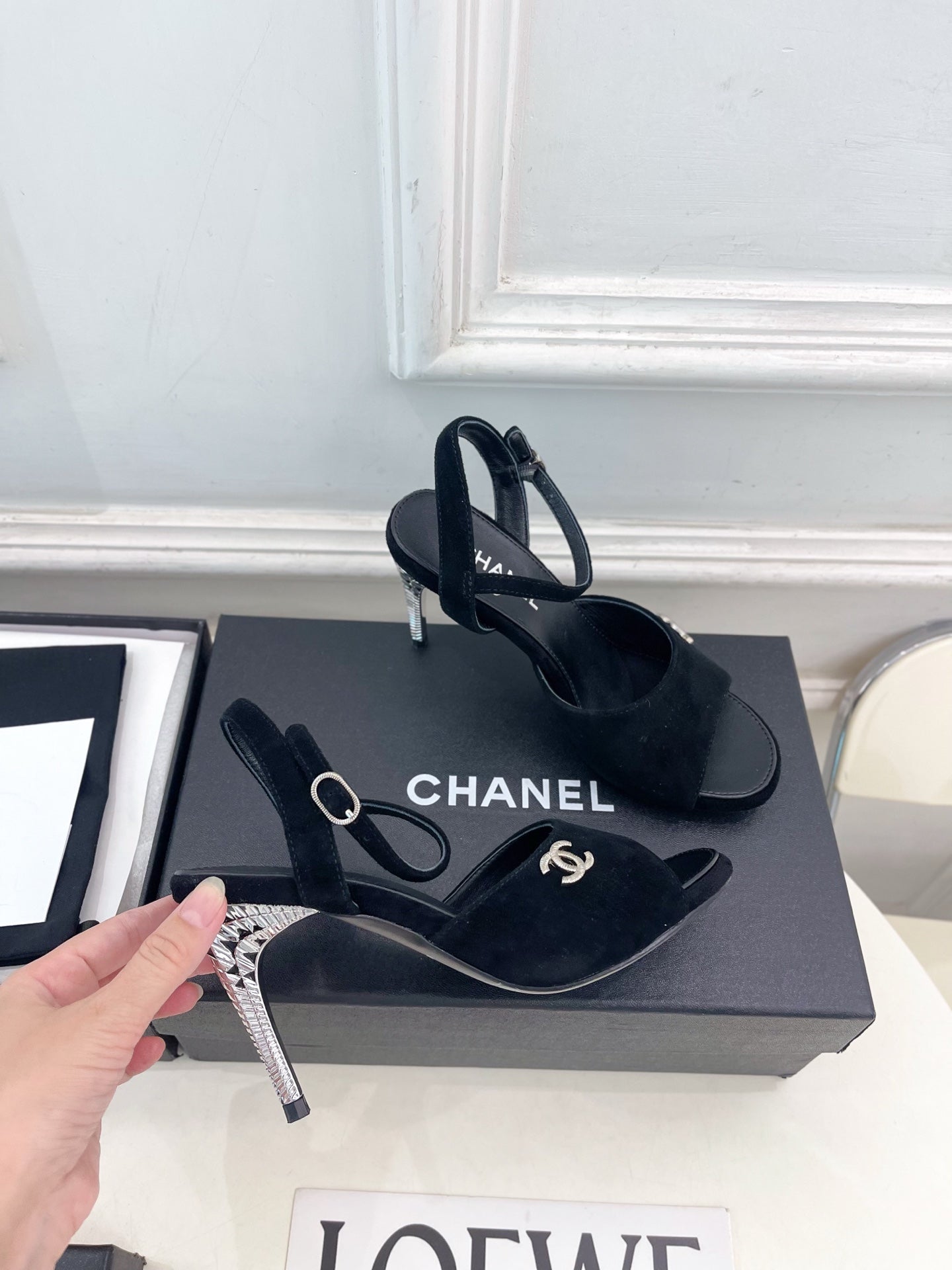 CHANEL 26S HIGH HEEL SLINGBACK SANDALS 90 MM IN BLACK SUEDE