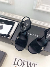 CHANEL 26S HIGH HEEL SLINGBACK SANDALS 90 MM IN BLACK SUEDE