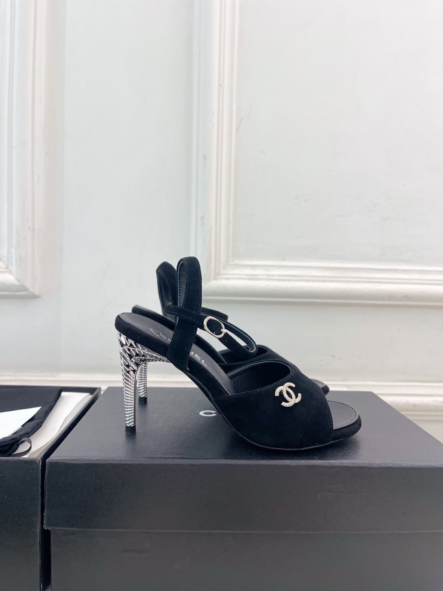 CHANEL 26S HIGH HEEL SLINGBACK SANDALS 90 MM IN BLACK SUEDE