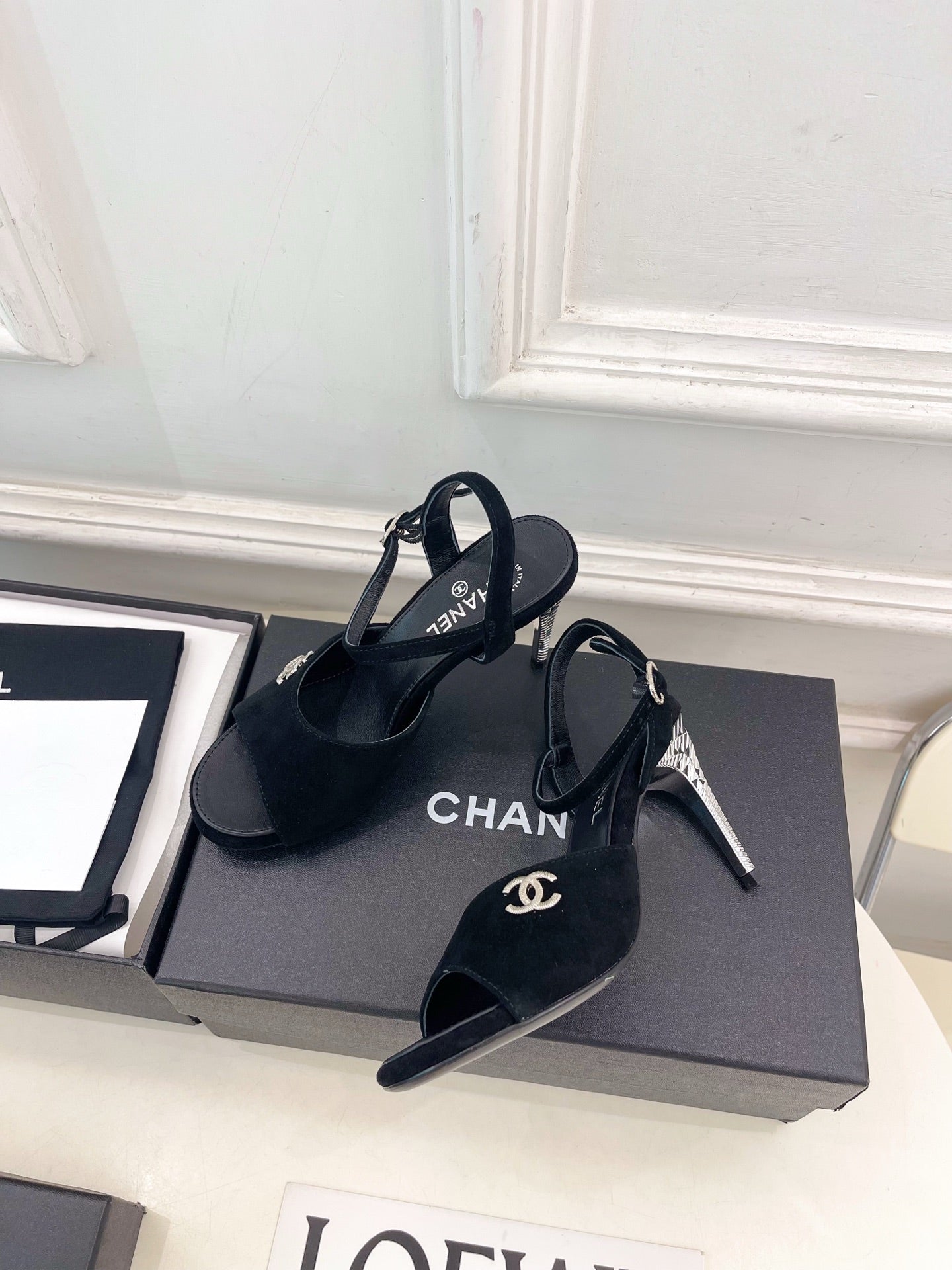 CHANEL 26S HIGH HEEL SLINGBACK SANDALS 90 MM IN BLACK SUEDE