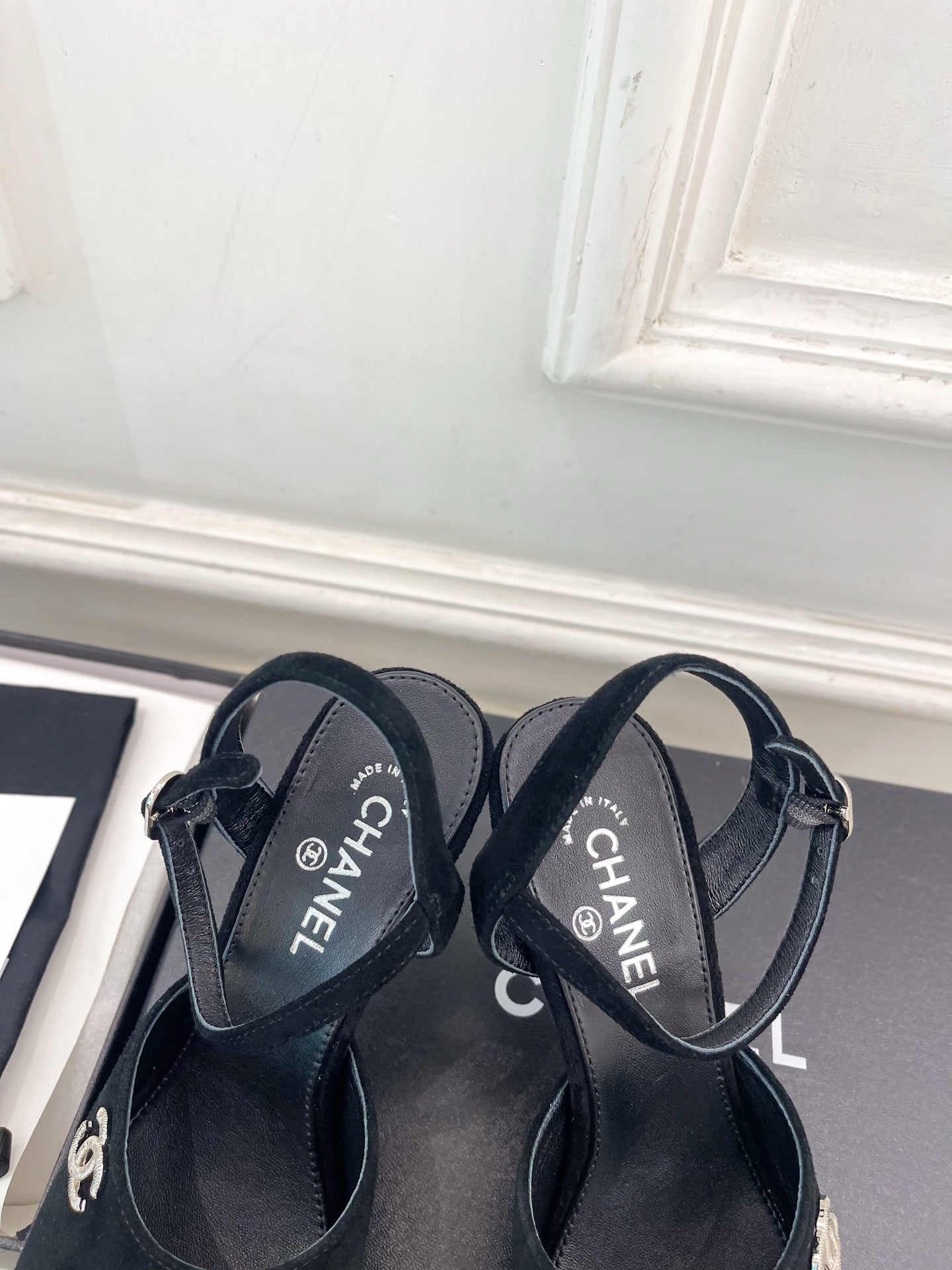 CHANEL 26S HIGH HEEL SLINGBACK SANDALS 90 MM IN BLACK SUEDE