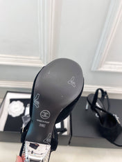 CHANEL 26S HIGH HEEL SLINGBACK SANDALS 90 MM IN BLACK SUEDE