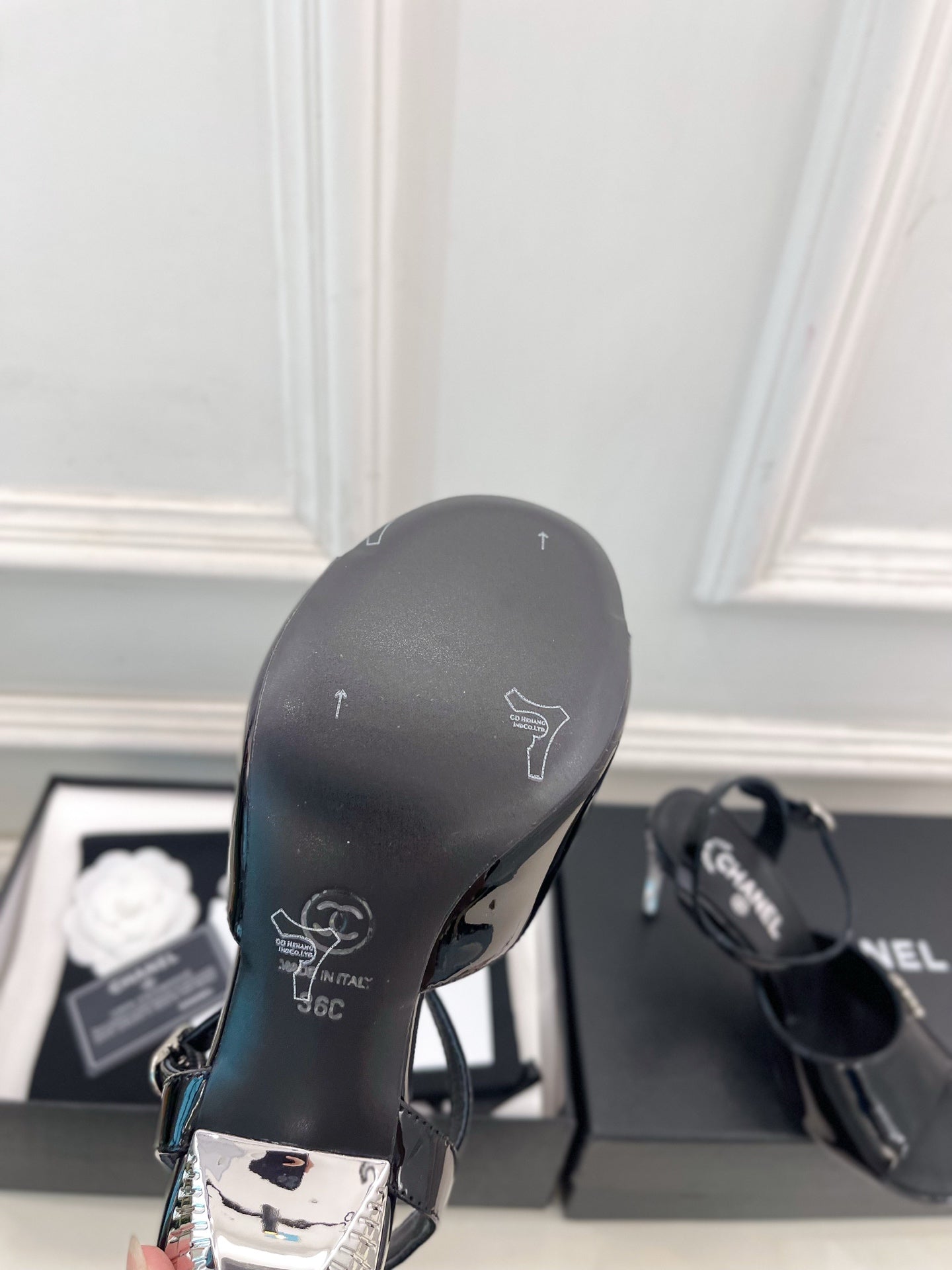 CHANEL 26S HIGH HEEL SLINGBACK SANDALS 90 MM IN BLACK PATENT