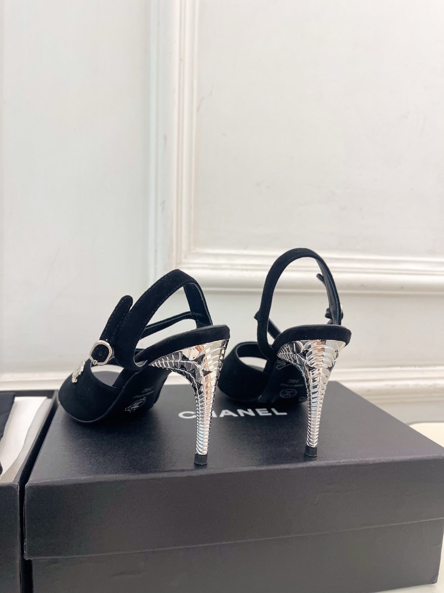 CHANEL 26S HIGH HEEL SLINGBACK SANDALS 90 MM IN BLACK SUEDE