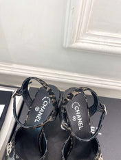 CHANEL 26S HIGH HEEL SLINGBACK SANDALS 90 MM IN BLACK LAMBSKIN AND BEIGE LEOPARD PRINT