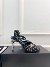 CHANEL 26S HIGH HEEL SLINGBACK SANDALS 90 MM IN BLACK LAMBSKIN AND BEIGE LEOPARD PRINT
