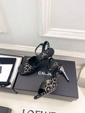 CHANEL 26S HIGH HEEL SLINGBACK SANDALS 90 MM IN BLACK LAMBSKIN AND BEIGE LEOPARD PRINT